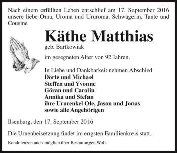 Traueranzeige von Käthe Matthias (geb. Bartkowiak)  von Magdeburger Volksstimme