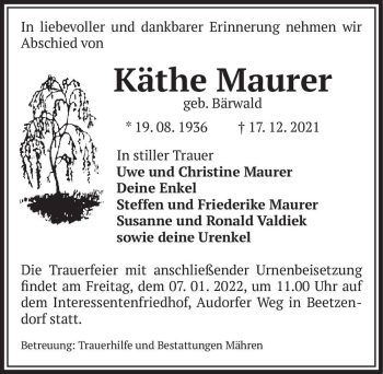 Traueranzeige von Käthe Maurer (geb. Bärwald)  von Magdeburger Volksstimme