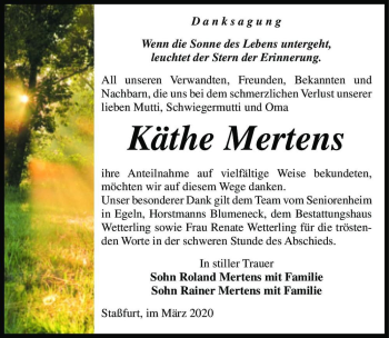 Traueranzeige von Käthe Mertens  von Magdeburger Volksstimme