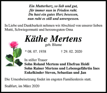 Traueranzeige von Käthe Mertens (geb. Blume)  von Magdeburger Volksstimme