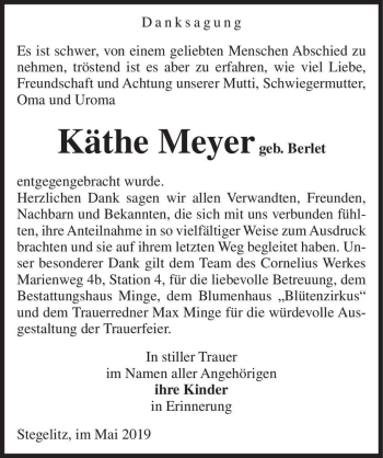 Traueranzeige von Käthe Meyer (geb. Berlet)  von Magdeburger Volksstimme