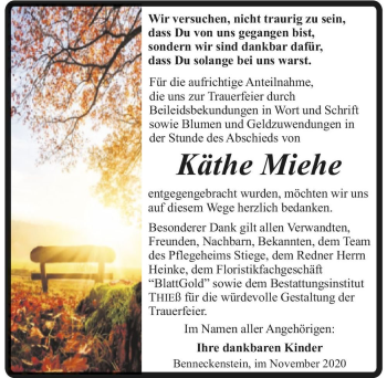 Traueranzeige von Käthe Miehe  von Magdeburger Volksstimme
