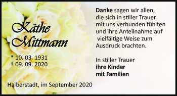 Traueranzeige von Käthe Mittmann  von Magdeburger Volksstimme