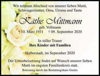 Traueranzeige von Käthe Mittmann (geb. Vollmann)  von Magdeburger Volksstimme