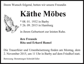 Traueranzeige von Käthe Möbes  von Magdeburger Volksstimme