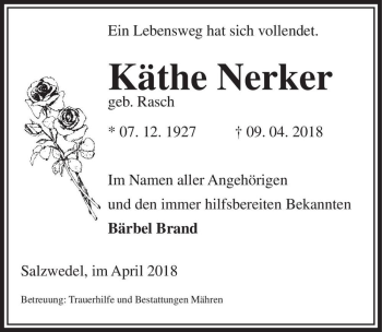 Traueranzeige von Käthe Nerker (geb. Rasch)  von Magdeburger Volksstimme