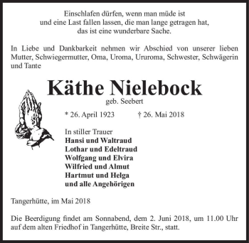 Traueranzeige von Käthe Nielebock (geb. Seebert)  von Magdeburger Volksstimme