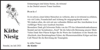 Traueranzeige von Käthe Niesig  von Magdeburger Volksstimme