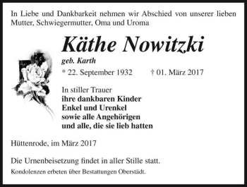 Traueranzeige von Käthe Nowitzki (geb. Karth)  von Magdeburger Volksstimme