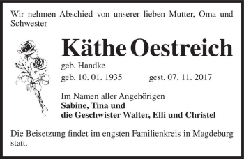 Traueranzeige von Käthe Oestreich (geb. Handke)  von Magdeburger Volksstimme