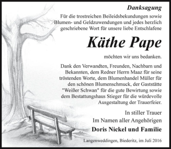 Traueranzeige von Käthe Pape  von Magdeburger Volksstimme