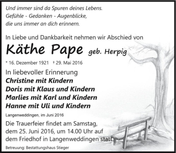 Traueranzeige von Käthe Pape (geb. Herpig)  von Magdeburger Volksstimme