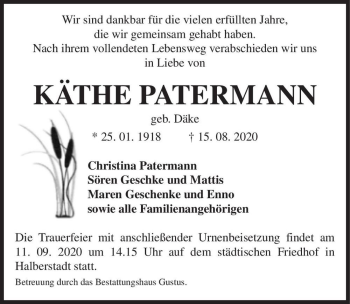Traueranzeige von Käthe Patermann (geb. Däke)  von Magdeburger Volksstimme