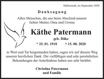 Traueranzeige von Käthe Patermann (geb. Däke)  von Magdeburger Volksstimme