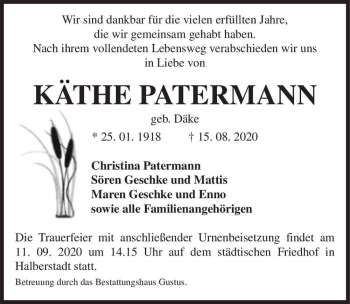 Traueranzeige von Käthe Patermann (geb. Däke)  von Magdeburger Volksstimme