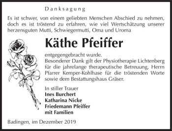Traueranzeige von Käthe Pfeiffer  von Magdeburger Volksstimme