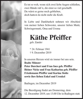Traueranzeige von Käthe Pfeiffer (geb. Zander)  von Magdeburger Volksstimme