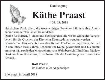 Traueranzeige von Käthe Praast  von Magdeburger Volksstimme