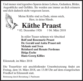 Traueranzeige von Käthe Praast  von Magdeburger Volksstimme