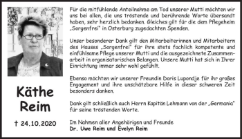 Traueranzeige von Käthe Reim  von Magdeburger Volksstimme
