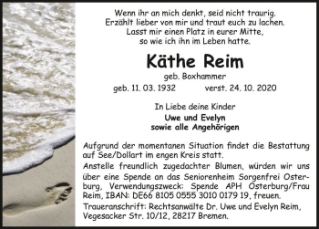 Traueranzeige von Käthe Reim (geb. Boxhammer)  von Magdeburger Volksstimme