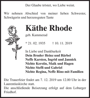 Traueranzeige von Käthe Rhode (geb. Kammerad)  von Magdeburger Volksstimme