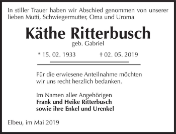 Traueranzeige von Käthe Ritterbusch (geb. Gabriel)  von Magdeburger Volksstimme