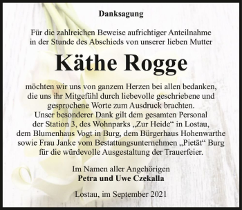 Traueranzeige von Käthe Rogge  von Magdeburger Volksstimme