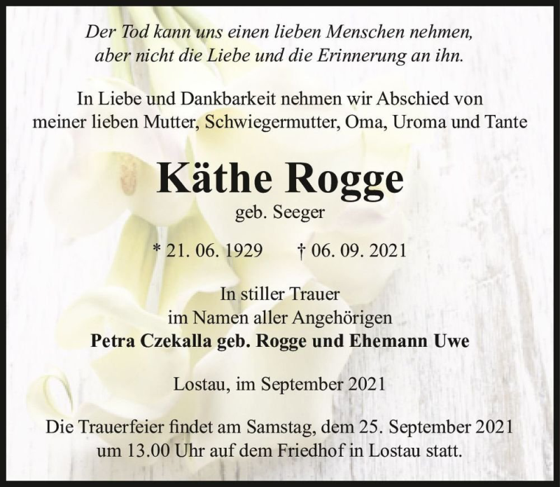 Traueranzeige für Käthe Rogge (geb. Seeger)  vom 11.09.2021 aus Magdeburger Volksstimme