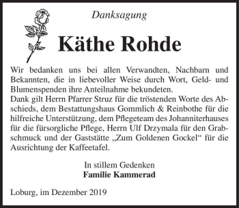 Traueranzeige von Käthe Rohde  von Magdeburger Volksstimme