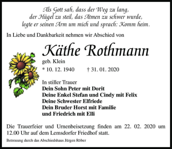 Traueranzeige von Käthe Rothmann (geb. Klein)  von Magdeburger Volksstimme