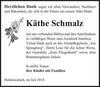 Traueranzeige von Käthe Schmalz  von Magdeburger Volksstimme