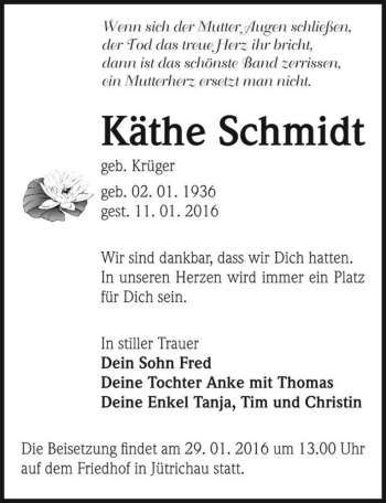 Traueranzeige von Käthe Schmidt (geb. Krüger)  von Magdeburger Volksstimme
