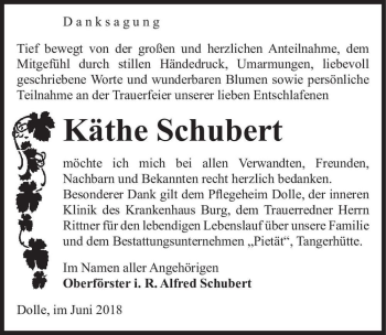 Traueranzeige von Käthe Schubert  von Magdeburger Volksstimme