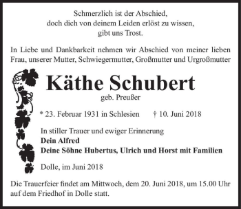 Traueranzeige von Käthe Schubert (geb. Preußer)  von Magdeburger Volksstimme