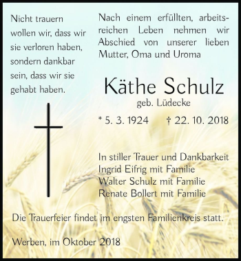 Traueranzeige von Käthe Schulz (geb. Lüdecke)  von Magdeburger Volksstimme