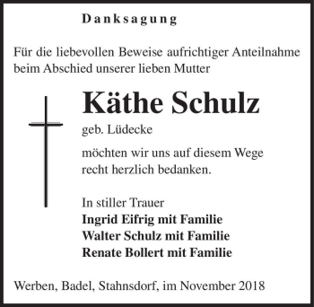 Traueranzeige von Käthe Schulz (geb. Lüdecke)  von Magdeburger Volksstimme