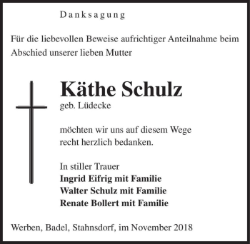 Traueranzeige von Käthe Schulz (geb. Lüdecke)  von Magdeburger Volksstimme