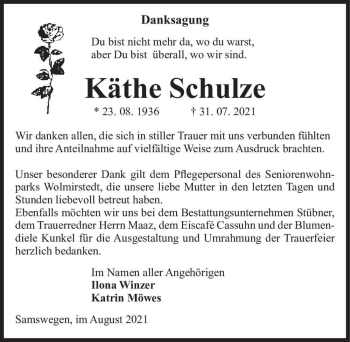 Traueranzeige von Käthe Schulze  von Magdeburger Volksstimme