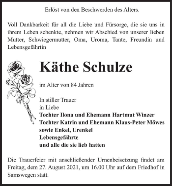 Traueranzeige von Käthe Schulze  von Magdeburger Volksstimme