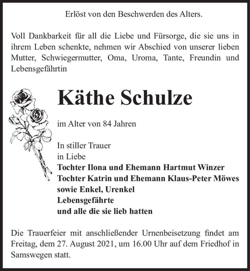  Traueranzeige für Käthe Schulze  vom 21.08.2021 aus Magdeburger Volksstimme