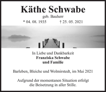 Traueranzeige von Käthe Schwabe (geb. Bauherr)  von Magdeburger Volksstimme