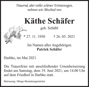 Traueranzeige von Käthe Schäfer (geb. Schübl)  von Magdeburger Volksstimme