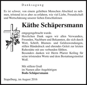 Traueranzeige von Käthe Schäpersmann  von Magdeburger Volksstimme