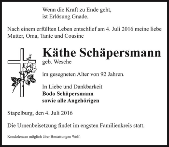 Traueranzeige von Käthe Schäpersmann (geb. Wesche)  von Magdeburger Volksstimme
