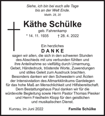 Traueranzeige von Käthe Schülke (geb. Fahrenkamp)  von Magdeburger Volksstimme