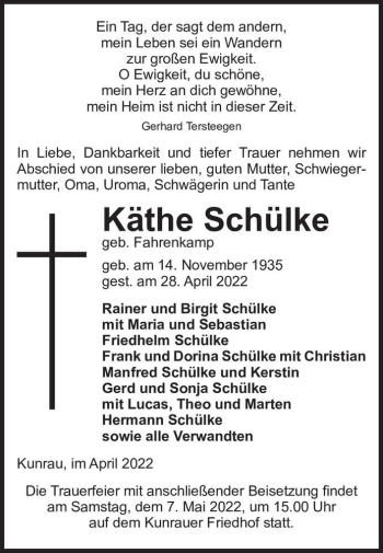 Traueranzeige von Käthe Schülke (geb. Fahrenkamp)  von Magdeburger Volksstimme