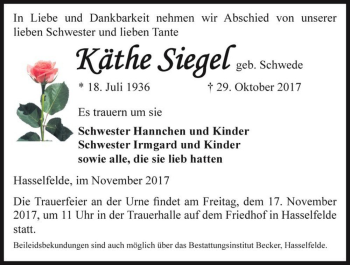 Traueranzeige von Käthe Siegel (geb. Schwede)  von Magdeburger Volksstimme