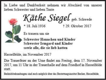 Traueranzeige von Käthe Siegel (geb. Schwede)  von Magdeburger Volksstimme