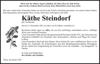Traueranzeige von Käthe Steindorf (geb. Gerstmann)  von Magdeburger Volksstimme